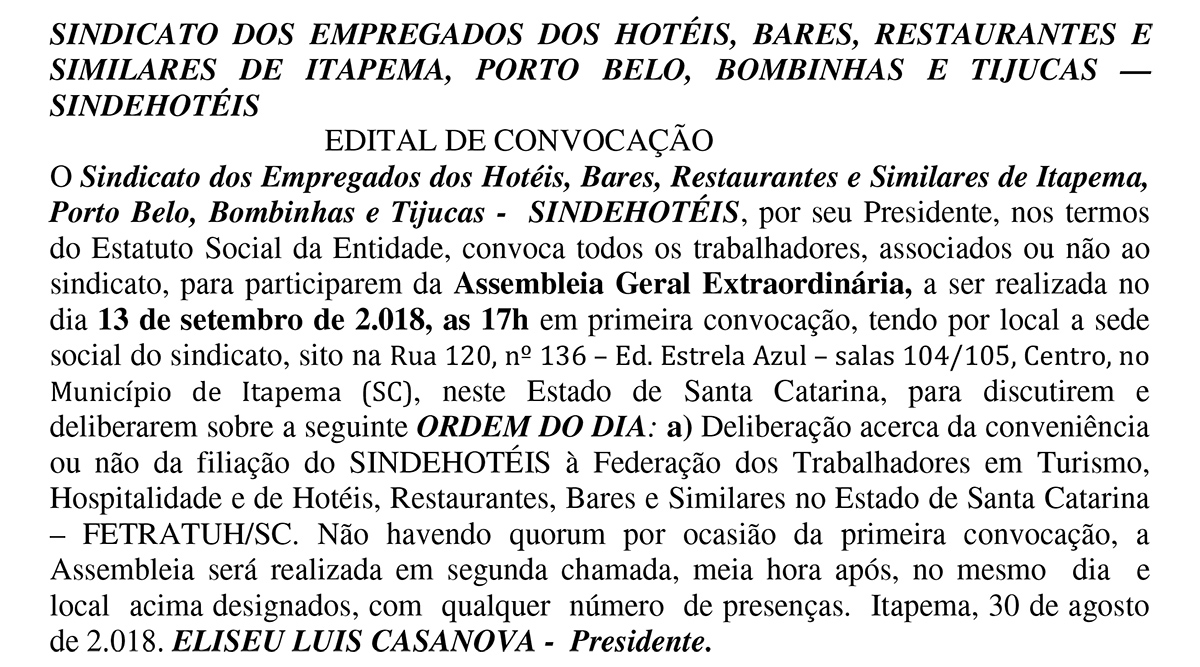 Filiação do SINDEHOTÉIS à Federação dos Trabalhadores em Turismo, Hospitalidade e de Hotéis, Restaurantes, Bares e Similares no Estado de Santa Catari