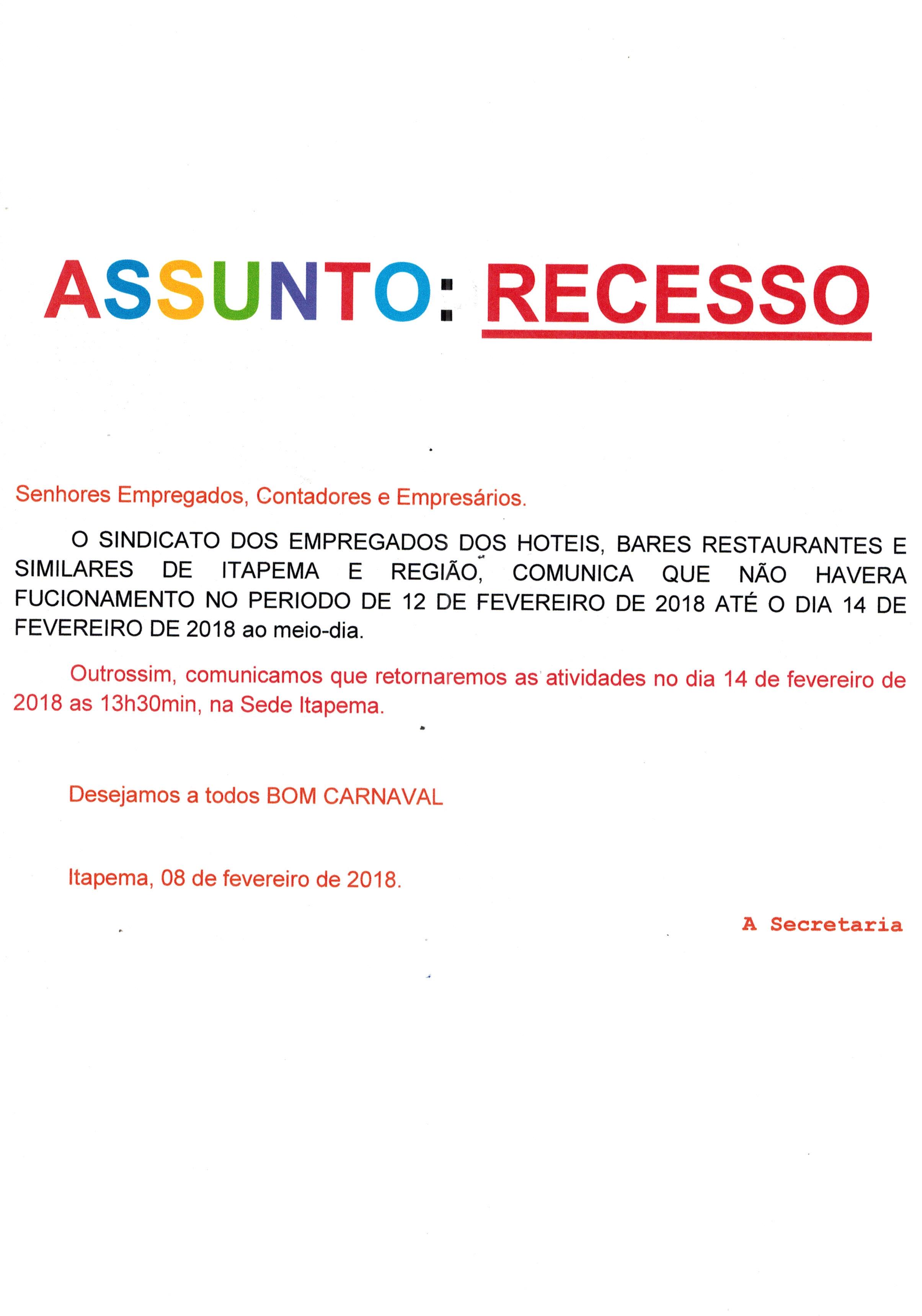RECESSO CARNAVAL 2018