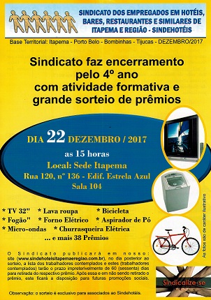 SINDICATO REALIZA PELO QUARTO ANO CONSECUTIVO, SEXTA- FEIRA (DIA 22 DE DEZEMBRO), ATIVIDADE FORMATIVA E GRANDE SORTEIO DE PRÊMIOS