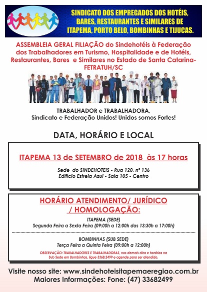 Filiação do SINDEHOTÉIS à Federação dos Trabalhadores em Turismo, Hospitalidade e de Hotéis, Restaurantes, Bares e Similares no Estado de SC