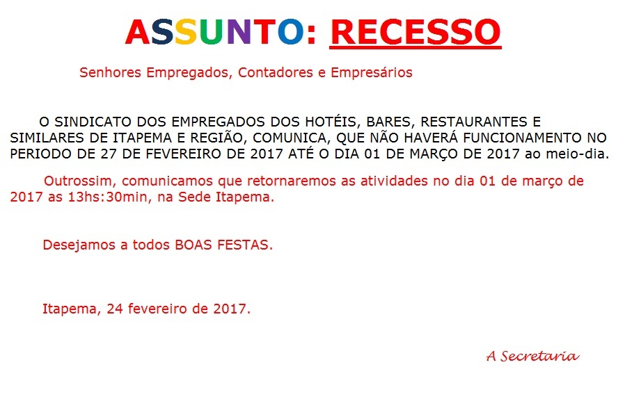 ASSUNTO - RECESSO CARNAVAL